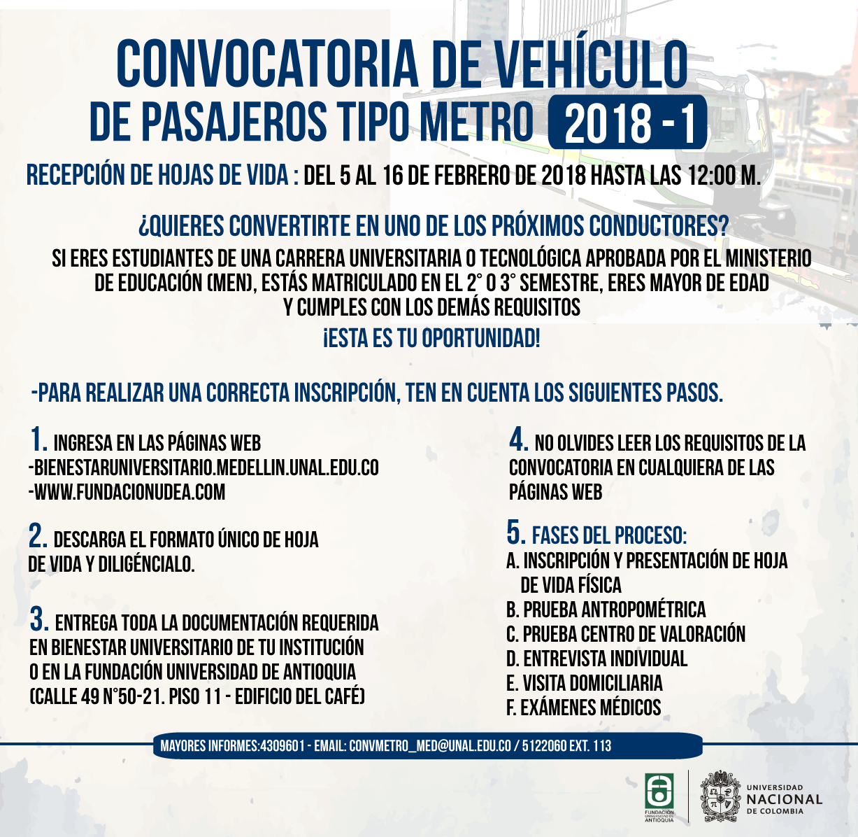 Convocatoria de Conductor de Vehículos Ferroviario Tipo Metro 2018-01 - Por  Siempre Las Américas - Medellín